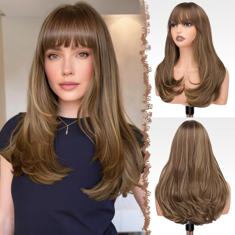 Wig w Bangs Women Synthetic Natural Looking Long 18"‎ Straight Hair Brown